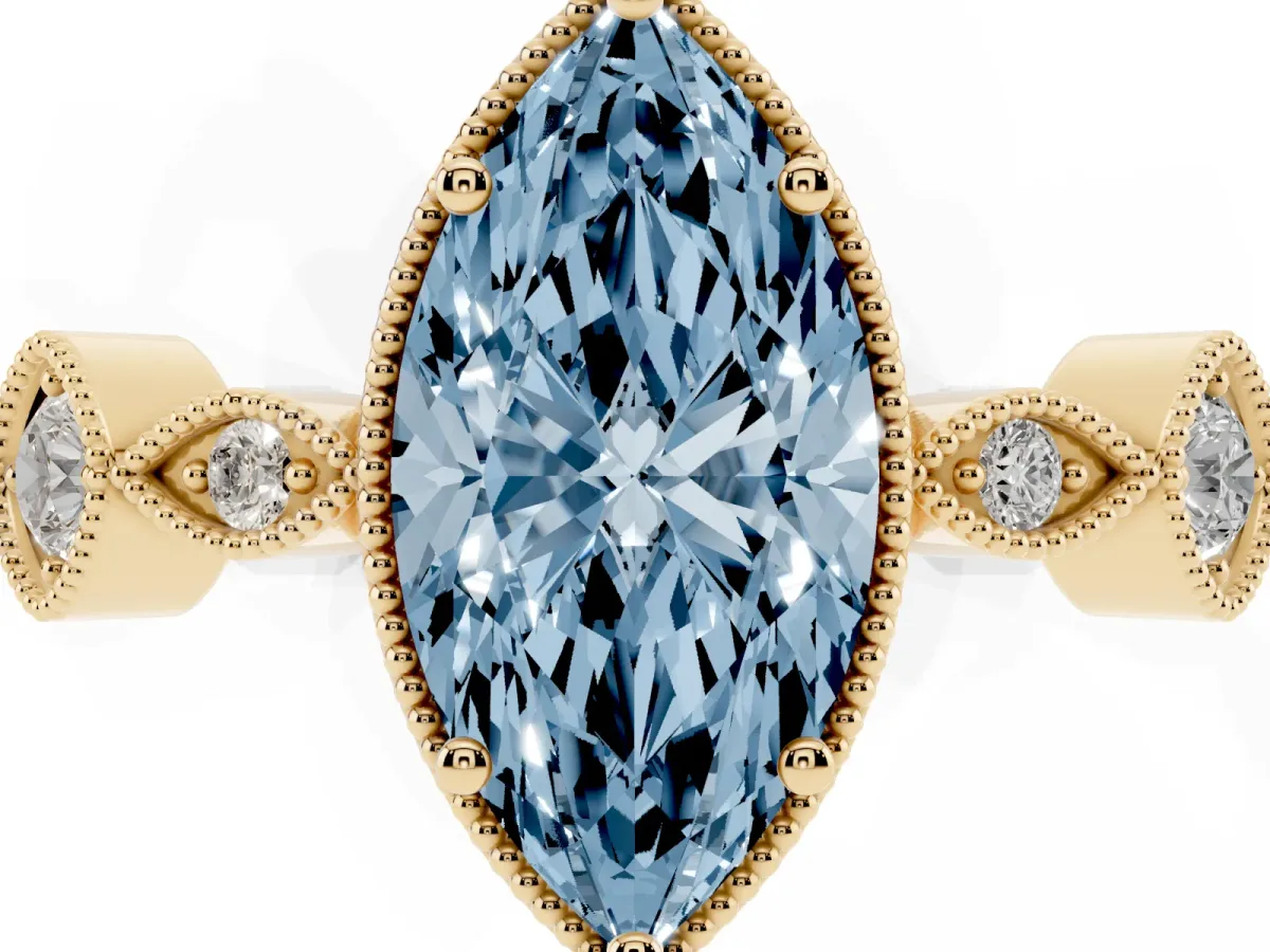 Fancy Blue Marquise Cut Diamond Vintage Milgrain Ring with Round Stations Yellow gold