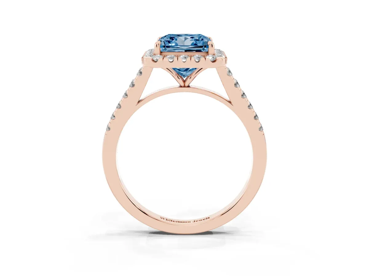 Fancy Blue Princess Cut Halo Pave Diamond Engagement Ring with Four-Prong Setting Rose gold