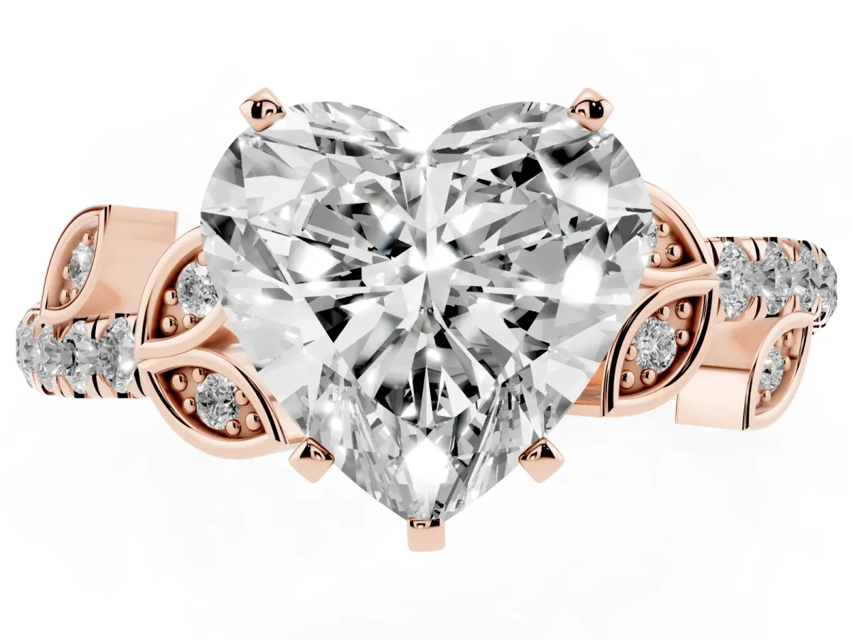 Heart Cut Solitaire Leaf-Inspired Diamond Ring with Pavé Band and Four-Prong Setting Rose gold