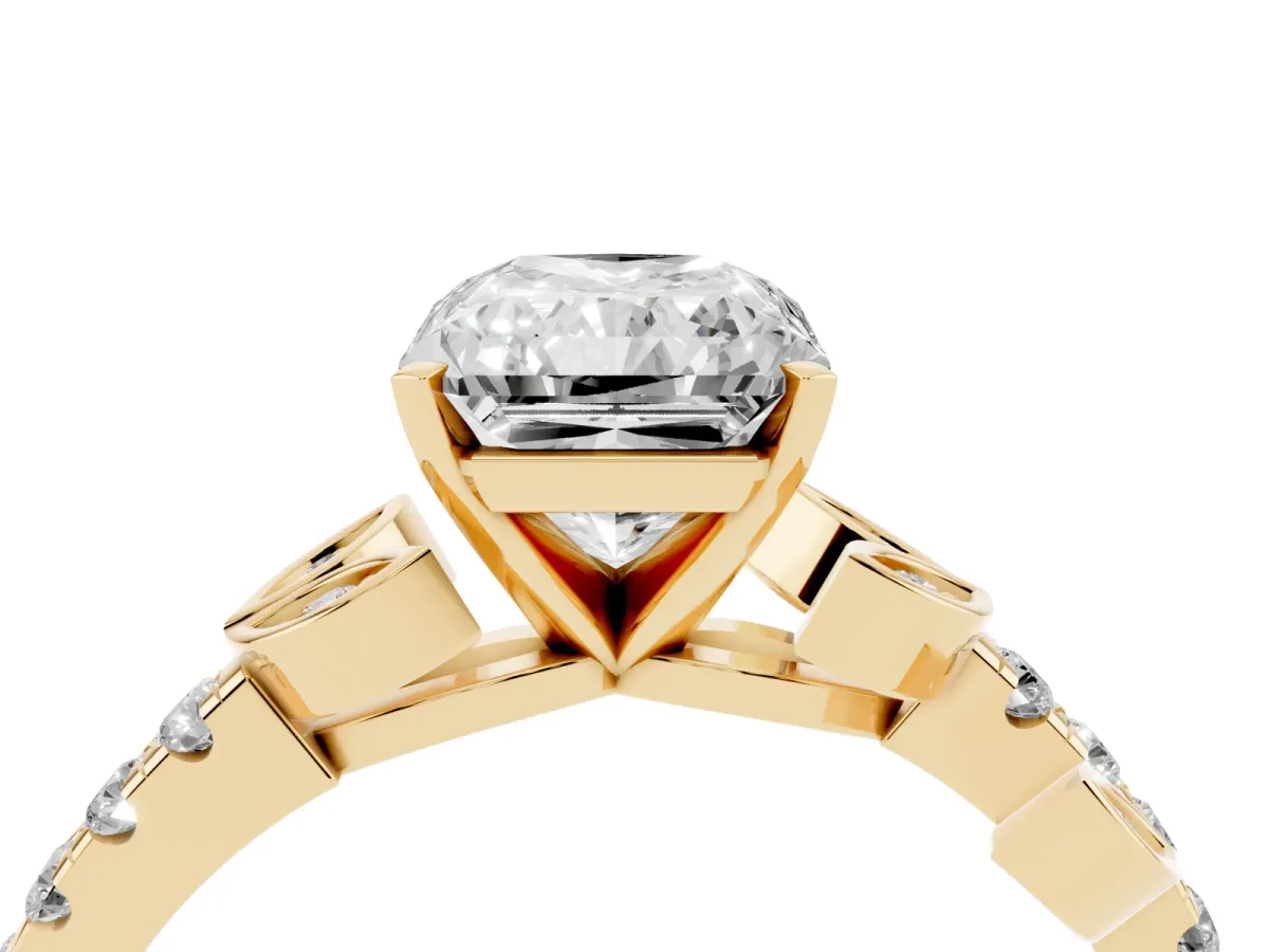 Radiant Cut Solitaire Leaf-Inspired Diamond Ring with Pavé Band and Four-Prong Setting Yellow gold