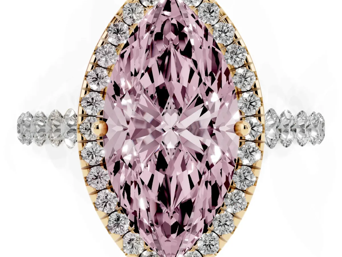Fancy Pink Marquise Cut Halo Pavé Diamond Engagement Ring with Four-Prong Setting Yellow gold