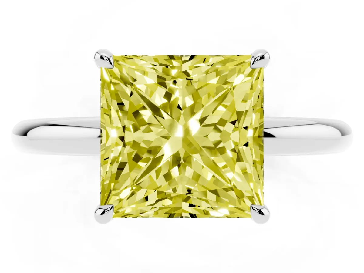 Fancy Yellow Princess Cut Diamond Solitaire Ring with Thin Band and Four-Prong Setting Platinum
