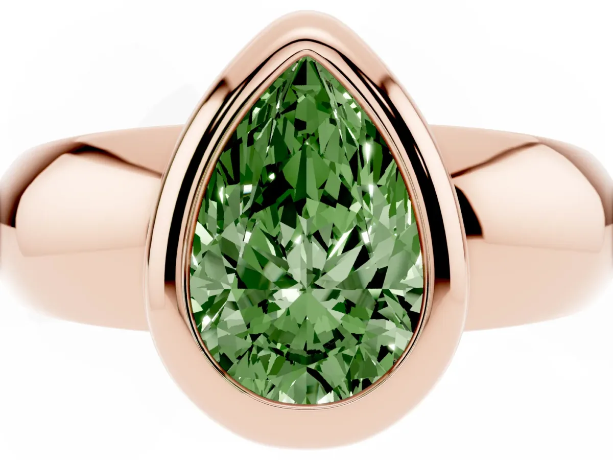 Fancy Green Bezel Set Pear Cut Solitaire Ring with Wide Band Rose gold