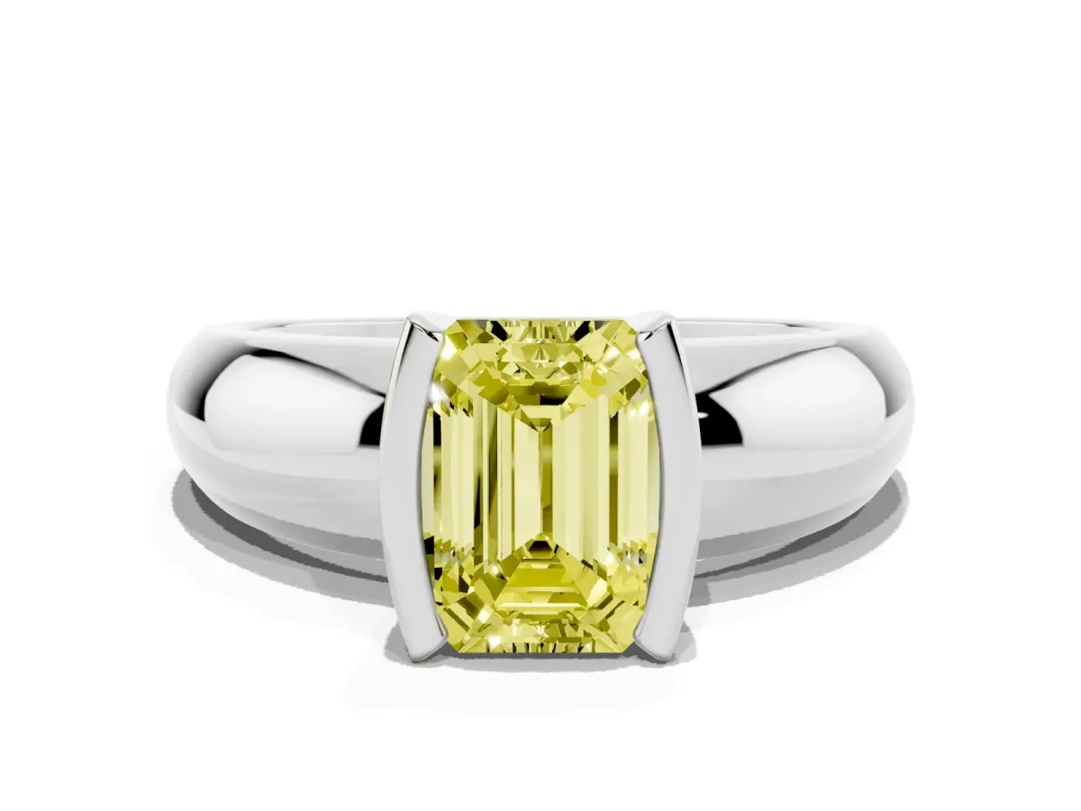 Fancy Yellow Emerald Cut Solitaire Tension Set Diamond Ring with Wide Band Silver