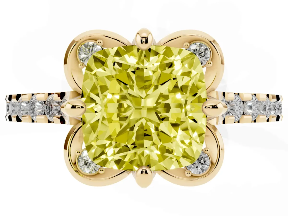 Fancy Yellow Cushion Cut Diamond Ring with Pavé Band and Floral Prong Setting Yellow gold