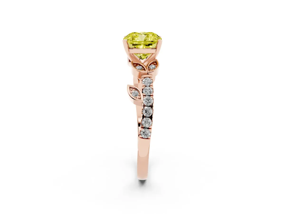 Fancy Yellow Cushion Cut Solitaire Leaf-Inspired Diamond Ring with Pavé Band and Four-Prong Setting Rose gold