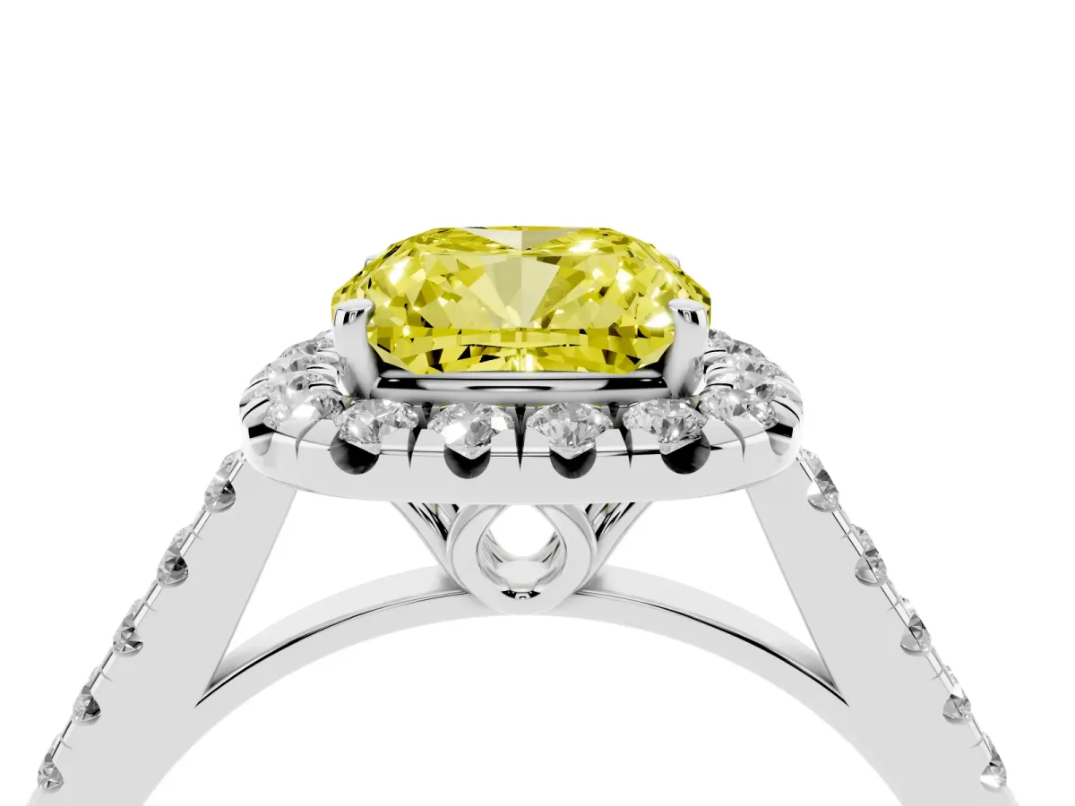 Fancy Yellow Cushion Cut Halo Pavé Diamond Engagement Ring with Four-Prong Setting Silver
