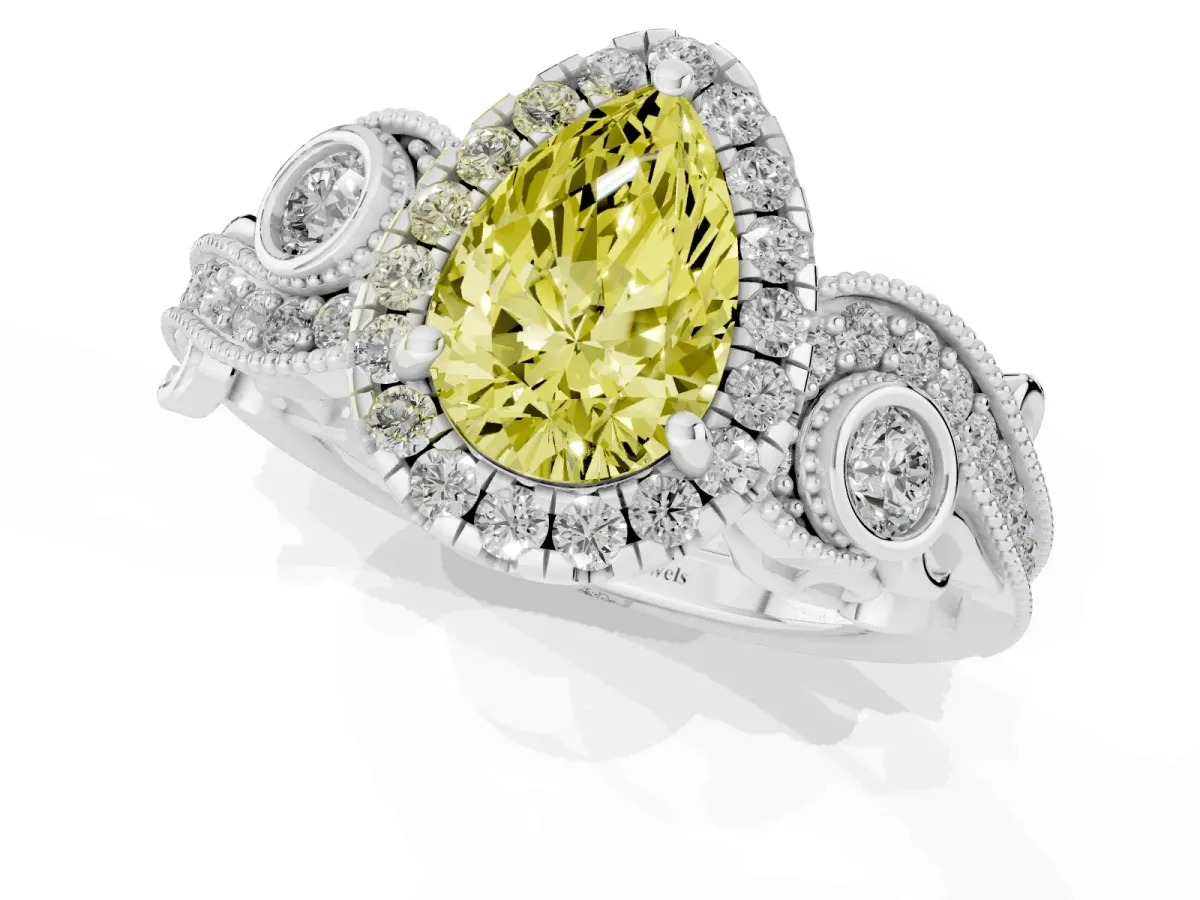 Fancy Yellow Pear Cut Halo Diamond Ring with Milgrain and Bezel Accents on a Split Shank Band White gold