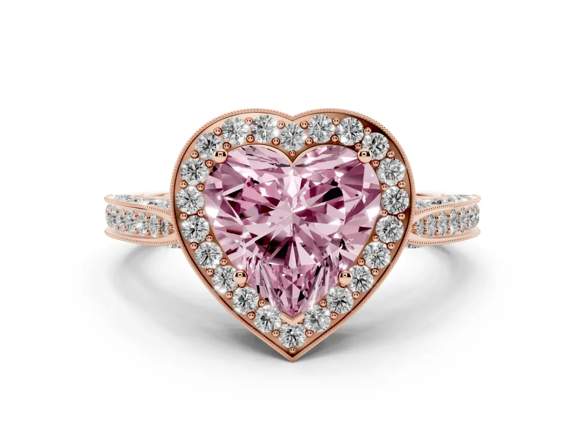 Fancy Pink Heart Cut Halo Diamond Engagement Ring with Split Shank Band and Four-Prong Setting Rose gold