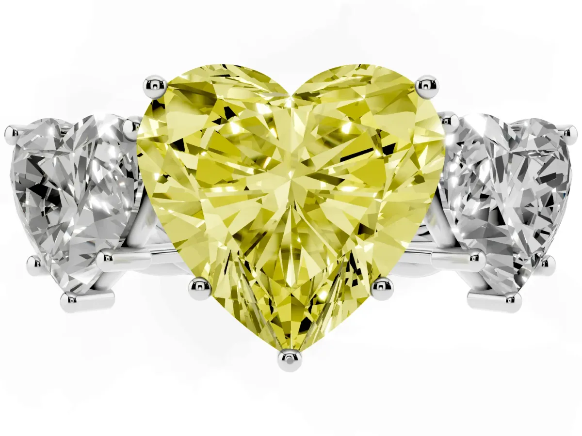 Fancy Yellow Three-Stone Heart Cut Diamond Braided Band Ring with Four-Prong Setting Silver