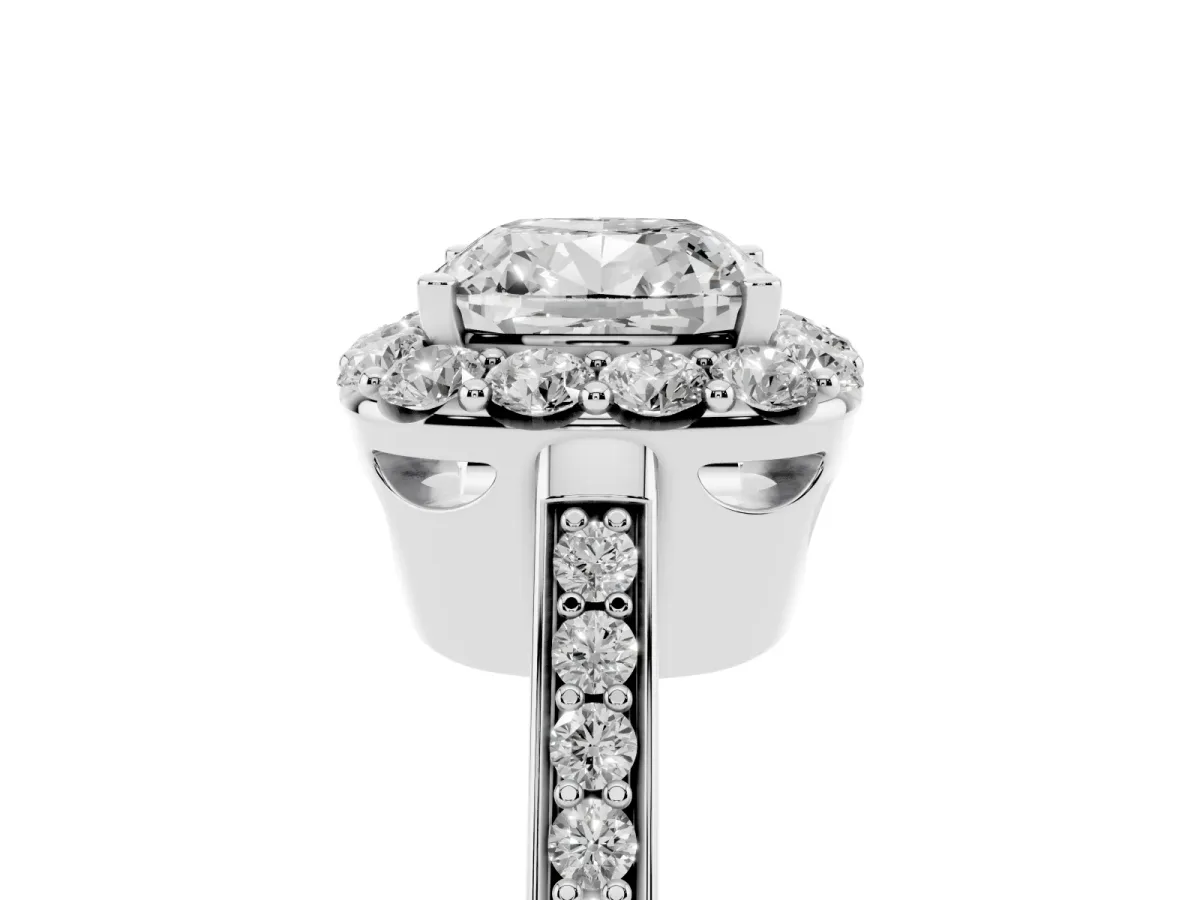 Cushion Cut Diamond Floral Halo Ring with Pavé Band and Prong Setting Platinum