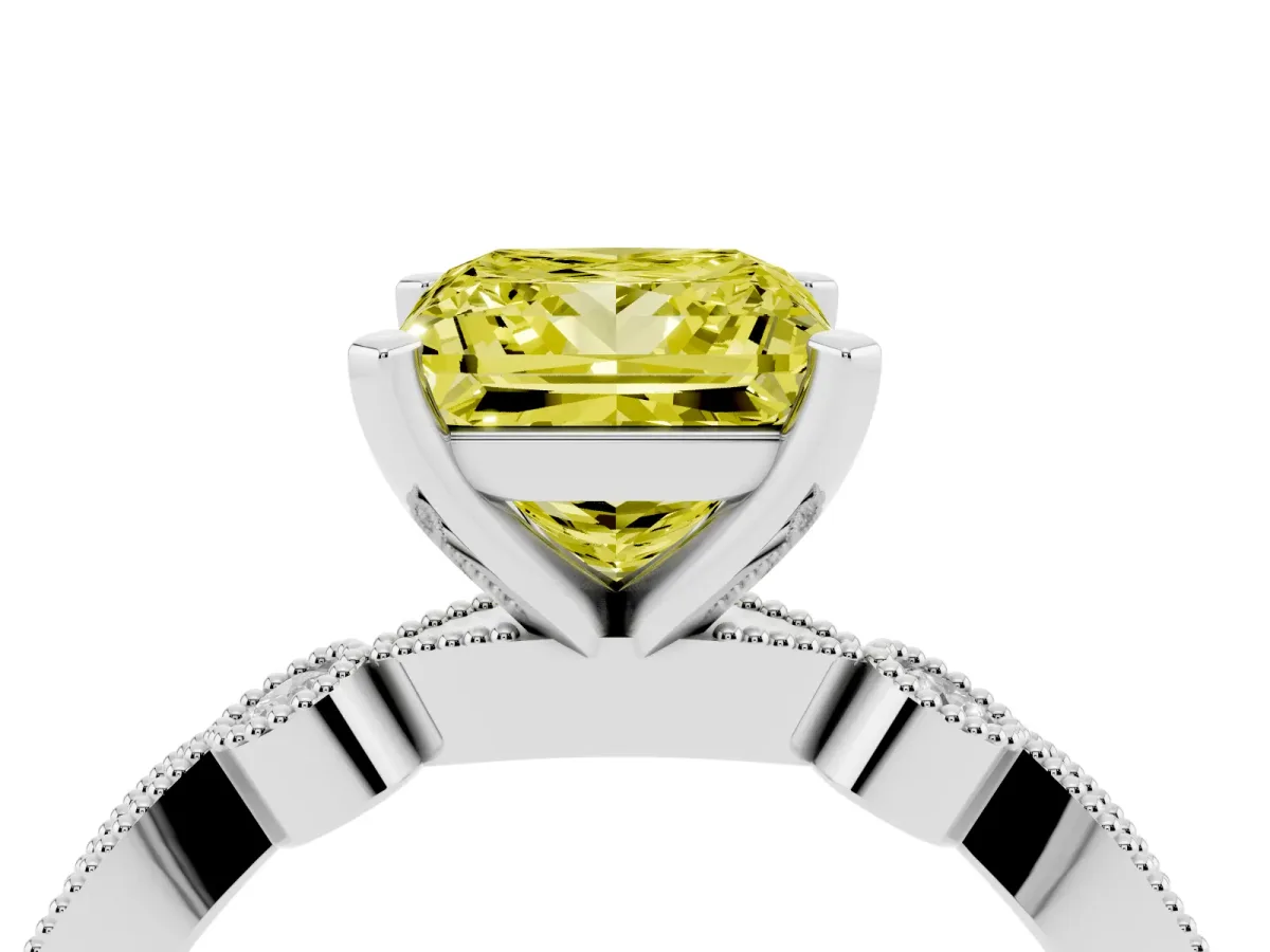 Fancy Yellow Princess Cut Milgrain Bezel Diamond Engagement Ring with Solitaire Prong Setting Silver