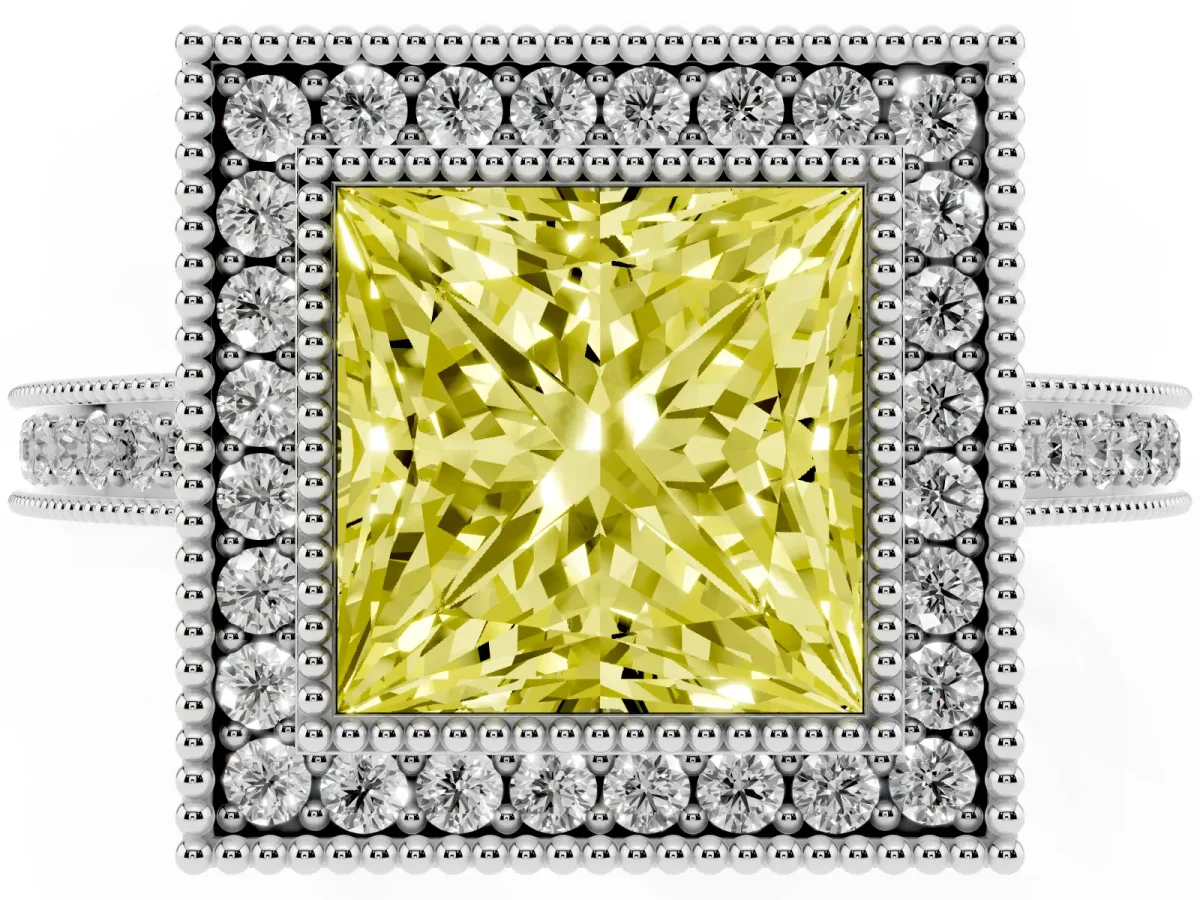 Fancy Yellow Princess Cut Cut Halo Diamond Ring with Pavé Band and Milgrain Prong Setting White gold