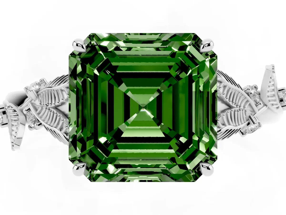 Fancy Green Asscher Cut Diamond Solitaire Ring with Leaf Motif Band and Four-Prong Setting Silver