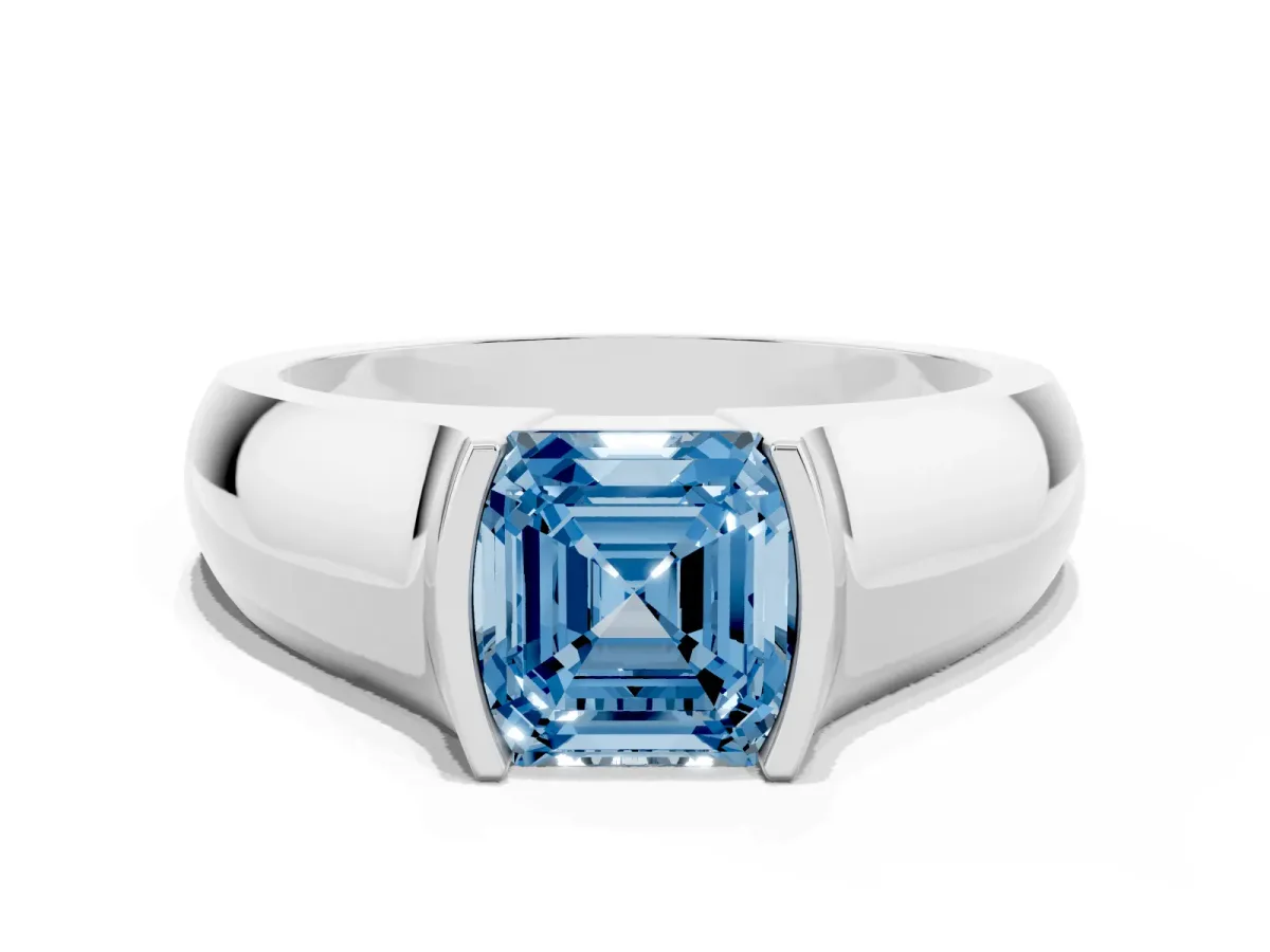 Fancy Blue Asscher Cut Solitaire Bezel Set Diamond Ring with Wide Band Silver