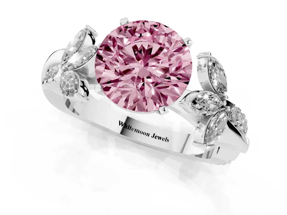 Fancy Pink Round Cut Diamond Floral Vine Solitaire Engagement Ring Silver
