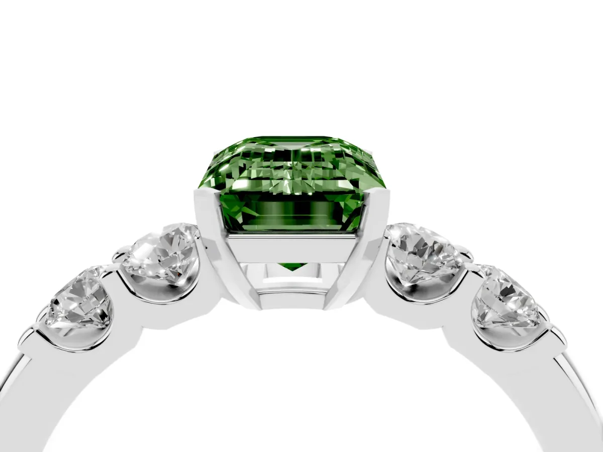 Fancy Green Emerald Cut Brilliant Cut Diamond Five-Stone Prong Set Engagement Ring with Channel Band Silver