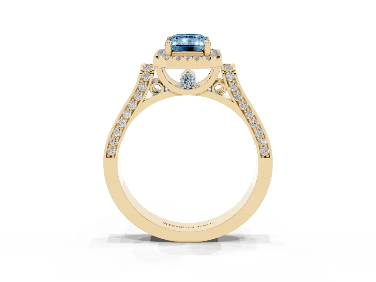 Fancy Blue Emerald Cut Halo Round Diamond Twist Band with Four-Prong Setting Yellow gold