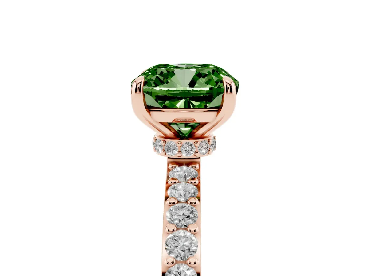 Fancy Green Cushion Cut Diamond Solitaire Engagement Ring with Pavé Band and Four-Prong Setting Rose gold