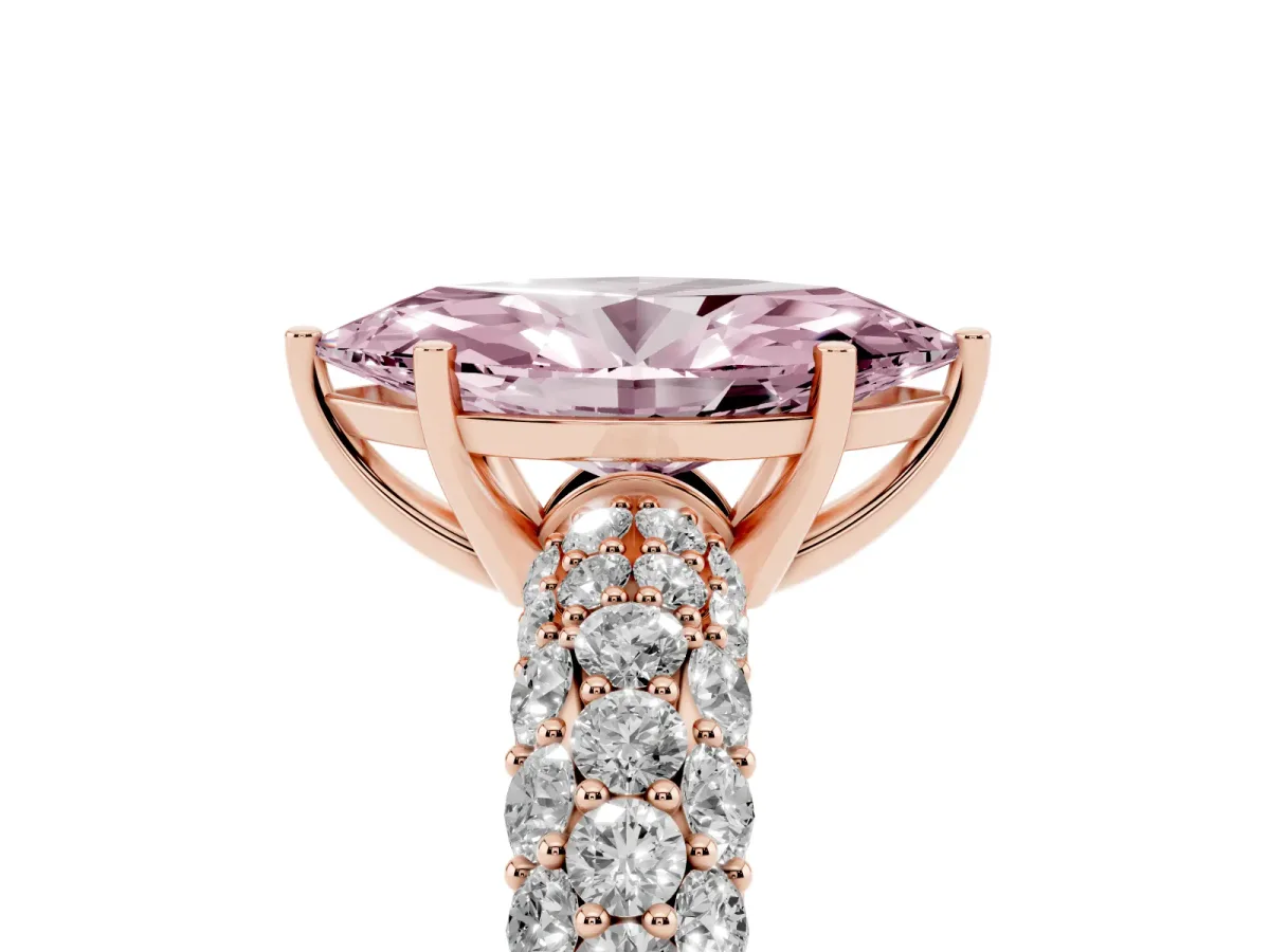 Fancy Pink Marquise Cut Diamond Pavé Band Solitaire Ring with Four-Prong Setting Rose gold