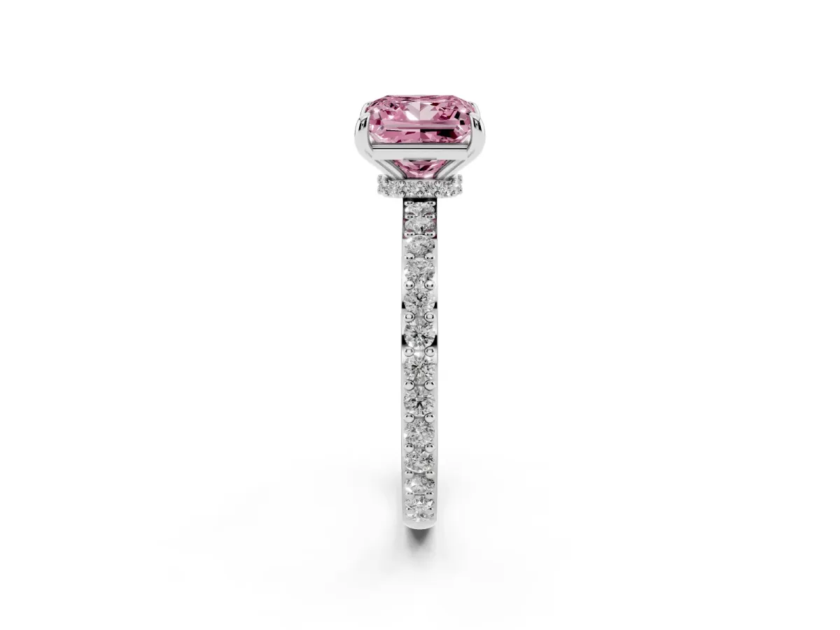 Fancy Pink Princess Cut Diamond Pavé Engagement Ring with Round Accents and Prong Setting Platinum
