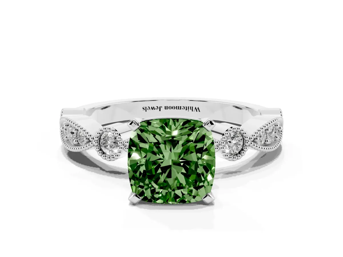 Fancy Green Cushion Cut Milgrain Bezel Diamond Engagement Ring with Solitaire Prong Setting Silver