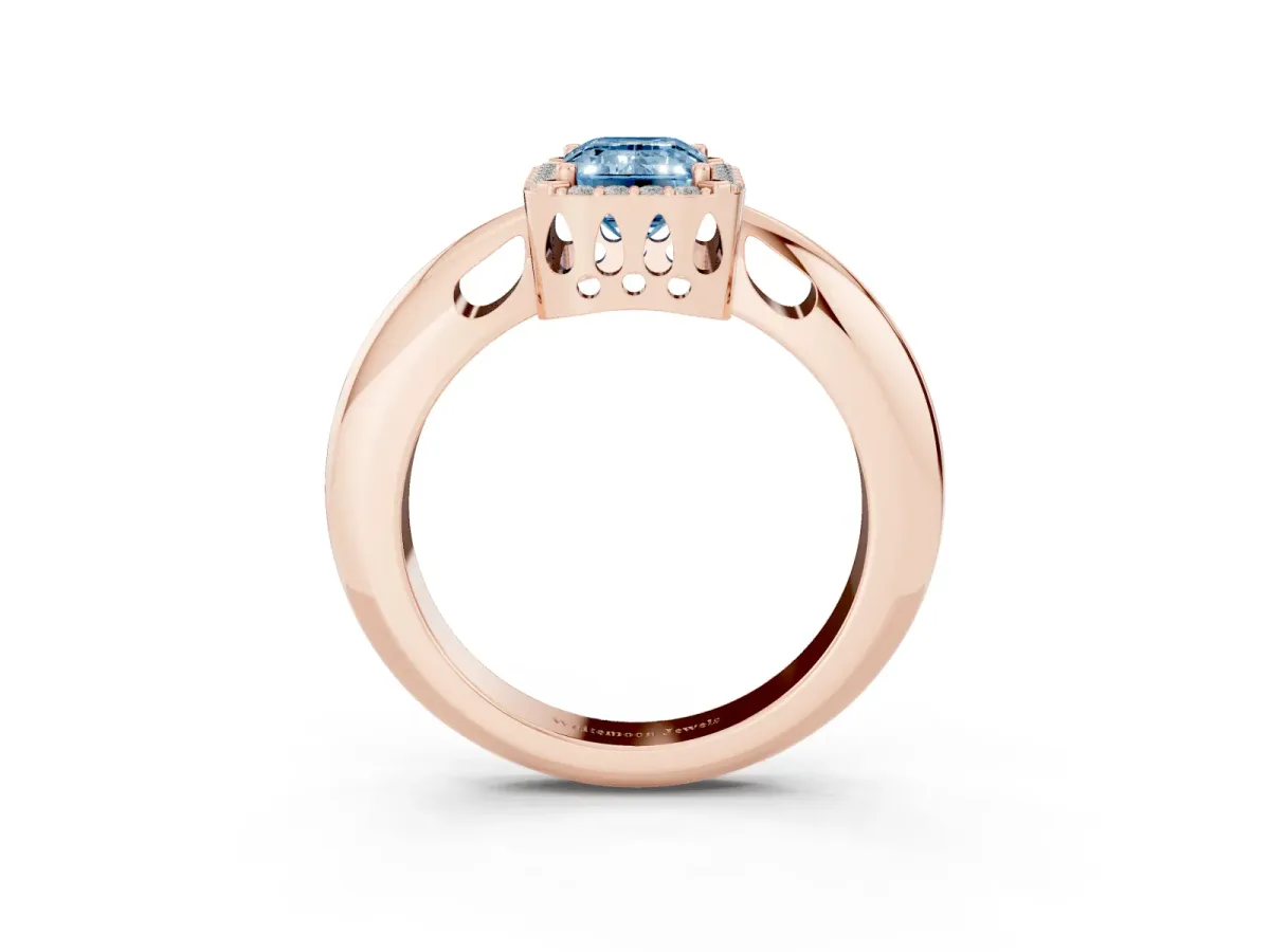 Fancy Blue Emerald Cut Cut Diamond Halo Engagement Ring with Split Shank and Four-Prong Setting Rose gold