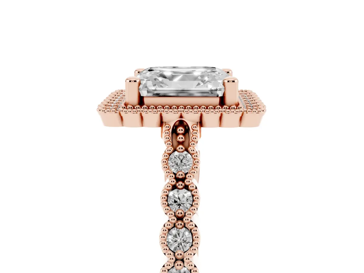 Asscher Cut Cut Halo Pavé Solitaire Ring with Milgrain Band Rose gold