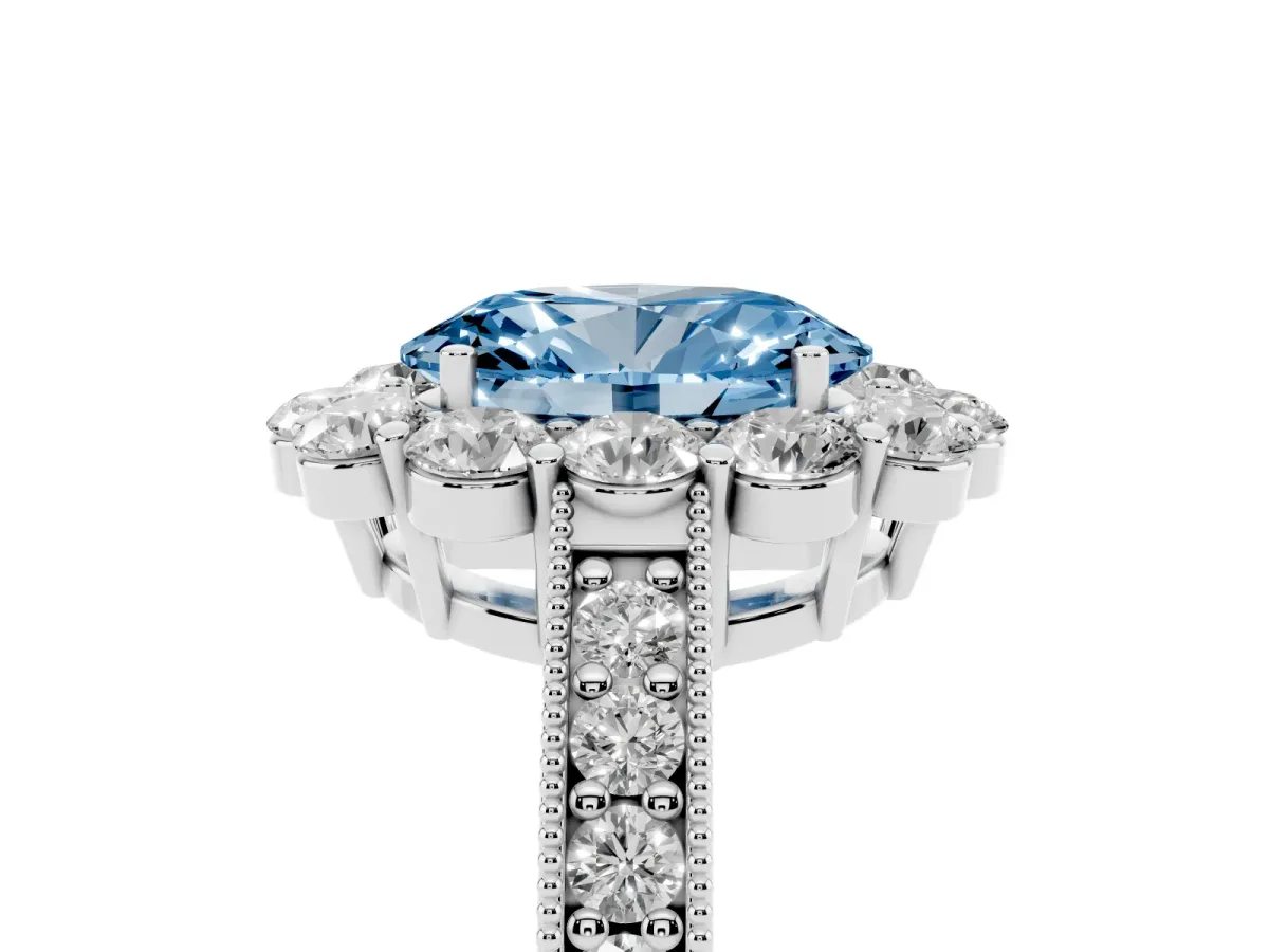 Fancy Blue Oval Cut Cut Halo Diamond Pavé Engagement Ring with Milgrain Detailing Silver