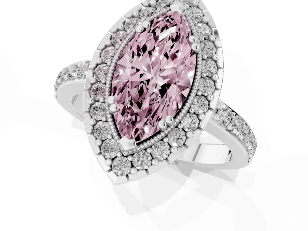 Fancy Pink Marquise Cut Diamond Halo Ring with Pavé Band and Prong Setting White gold