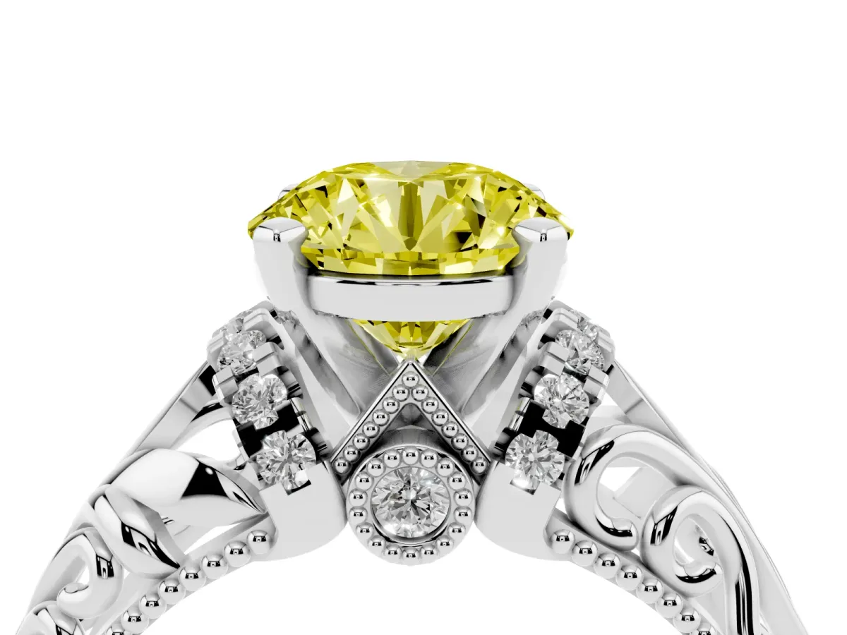 Fancy Yellow Round Cut Solitaire Filigree Engagement Ring with Halo and Prong Setting White gold