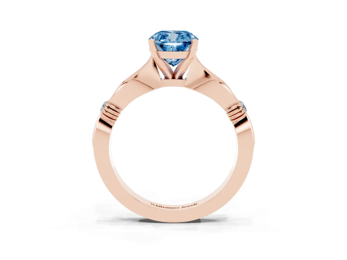 Fancy Blue Cushion Cut Solitaire Diamond Twisted Band with Four-Prong Setting Rose gold