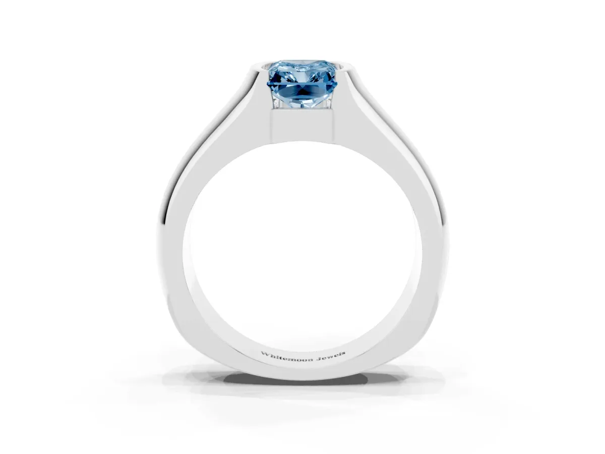 Fancy Blue Radiant Cut Solitaire Bezel Set Diamond Ring with Wide Band Platinum