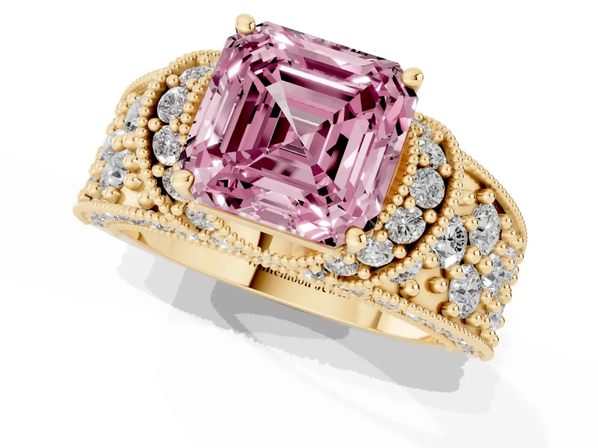 Fancy Pink Asscher Cut Halo Pave Diamond Engagement Ring with Milgrain Detailing Yellow gold