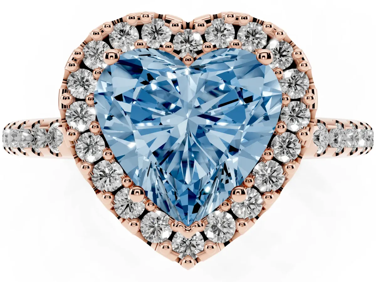 Fancy Blue Heart Cut Diamond Pavé Halo Ring with Four-Prong Setting Rose gold