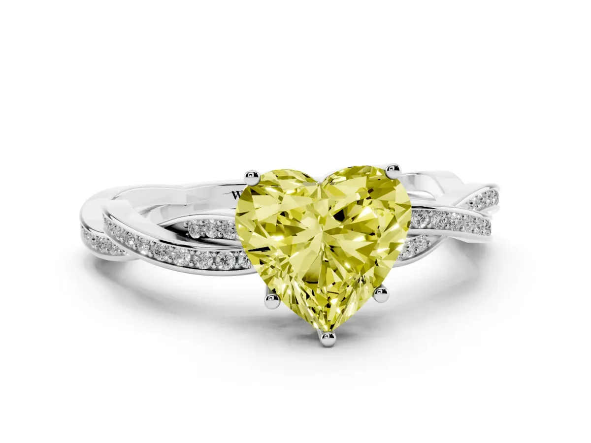 Fancy Yellow Heart Cut Solitaire Twisted Pave Diamond Ring with Four-Prong Setting White gold