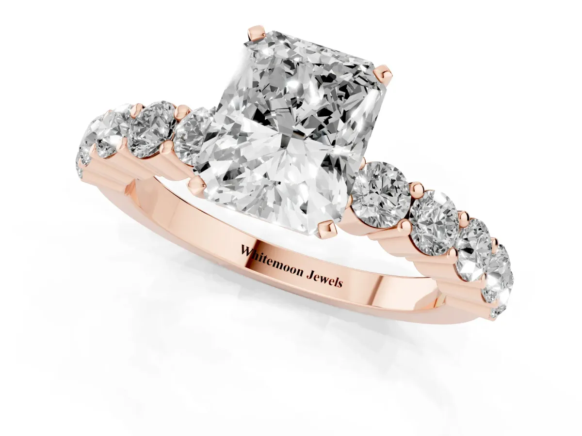 Radiant Cut Diamond Solitaire Ring with Shared Prong Round Side Stones Rose gold