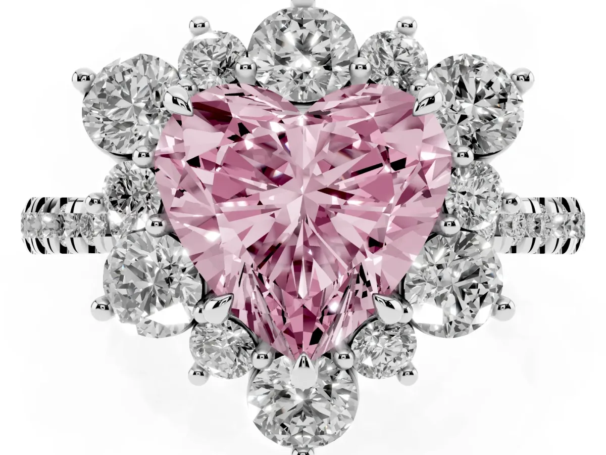 Fancy Pink Heart Cut Diamond Floral Halo Ring with Round Pavé Band and Prong Setting Platinum