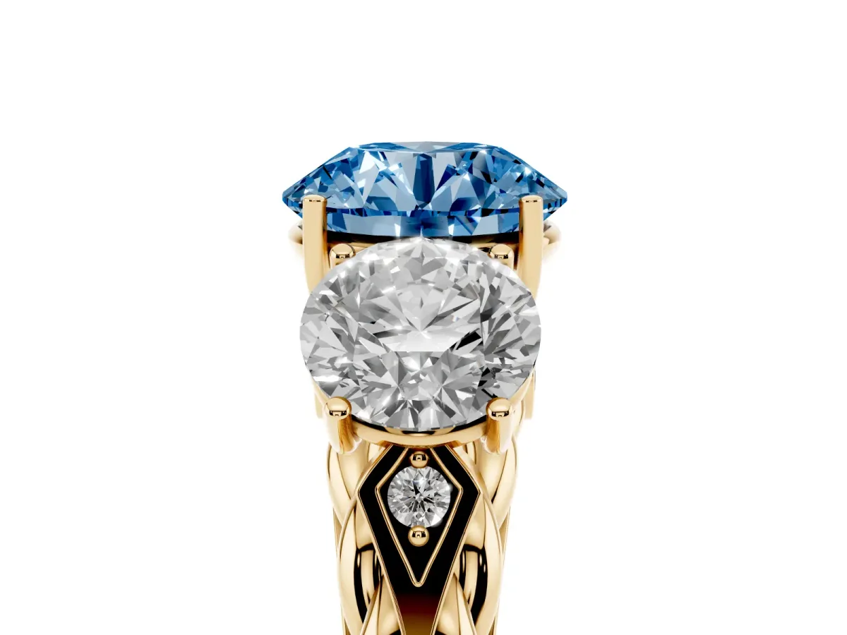 Fancy Blue Three-Stone Round Cut Diamond Braided Band Ring with Four-Prong Setting Yellow gold