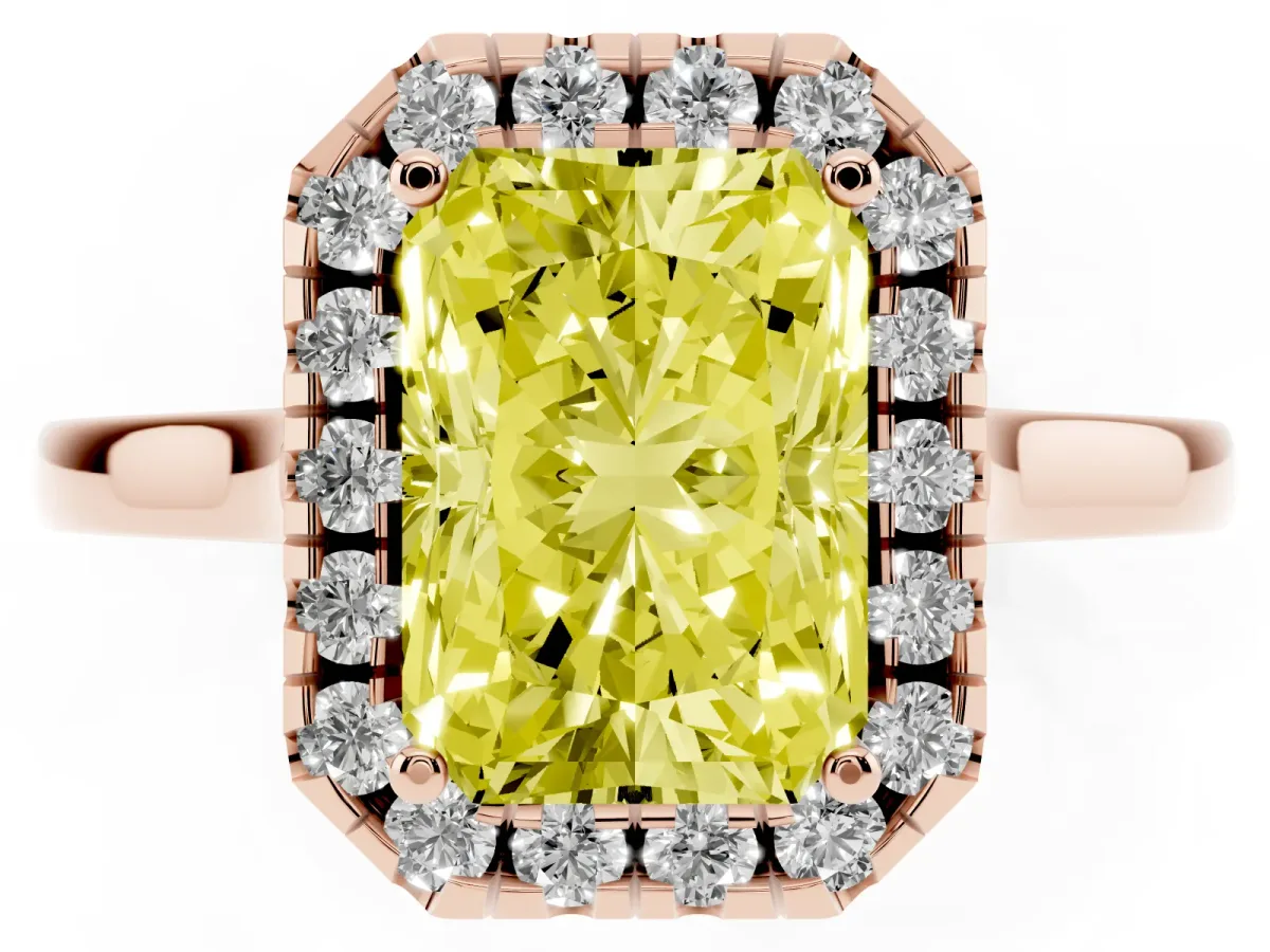 Fancy Yellow Radiant Cut Halo Round Diamond Solitaire Ring with Pavé Band and Four-Prong Setting Rose gold