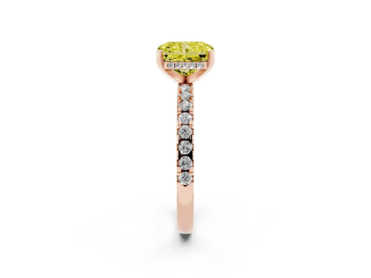 Fancy Yellow Radiant Cut Diamond Solitaire Ring with Round Pavé Band and Four-Prong Setting Rose gold