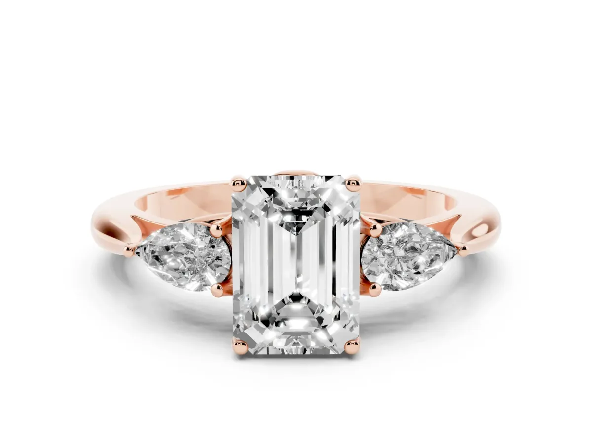 Emerald Cut Diamond Three-Stone Ring with Pear Side Stones and Prong Setting Rose gold