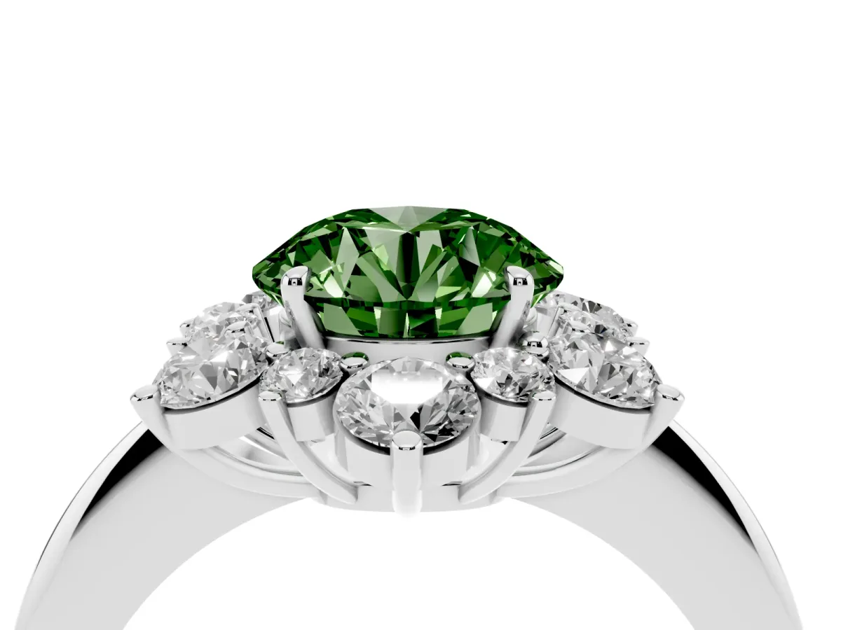 Fancy Green Round Cut Diamond Cluster Halo Ring with Solitaire Band and Four-Prong Setting Platinum
