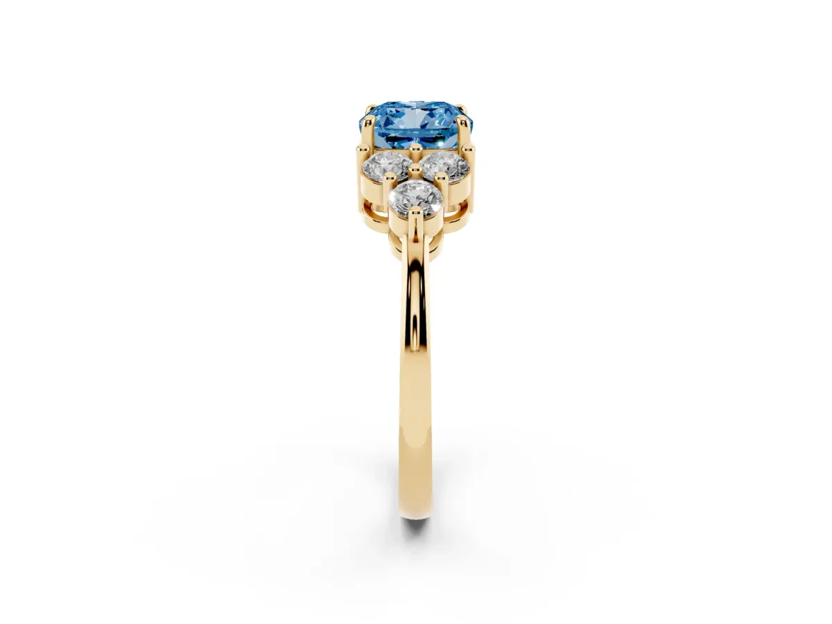 Fancy Blue Cushion Cut Brilliant Diamond Cluster Accent Solitaire Ring with Prong Setting Yellow gold