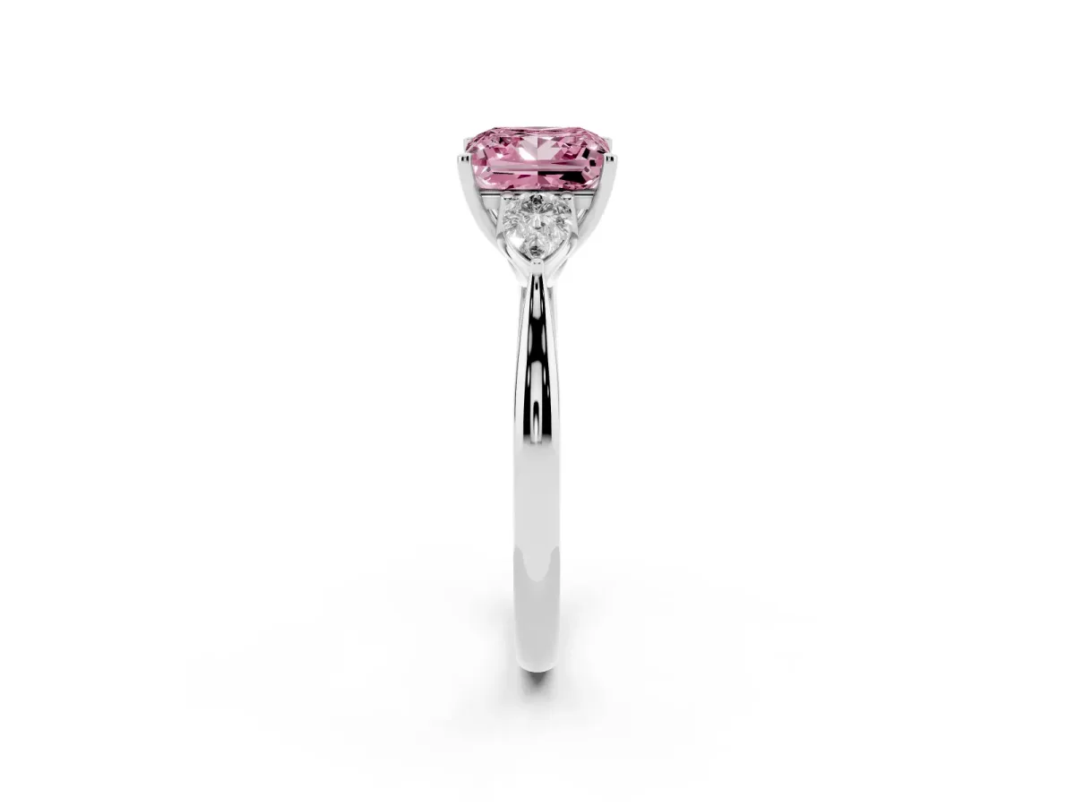 Fancy Pink Princess Cut Diamond Three-Stone Ring with Pear Side Stones and Prong Setting Silver