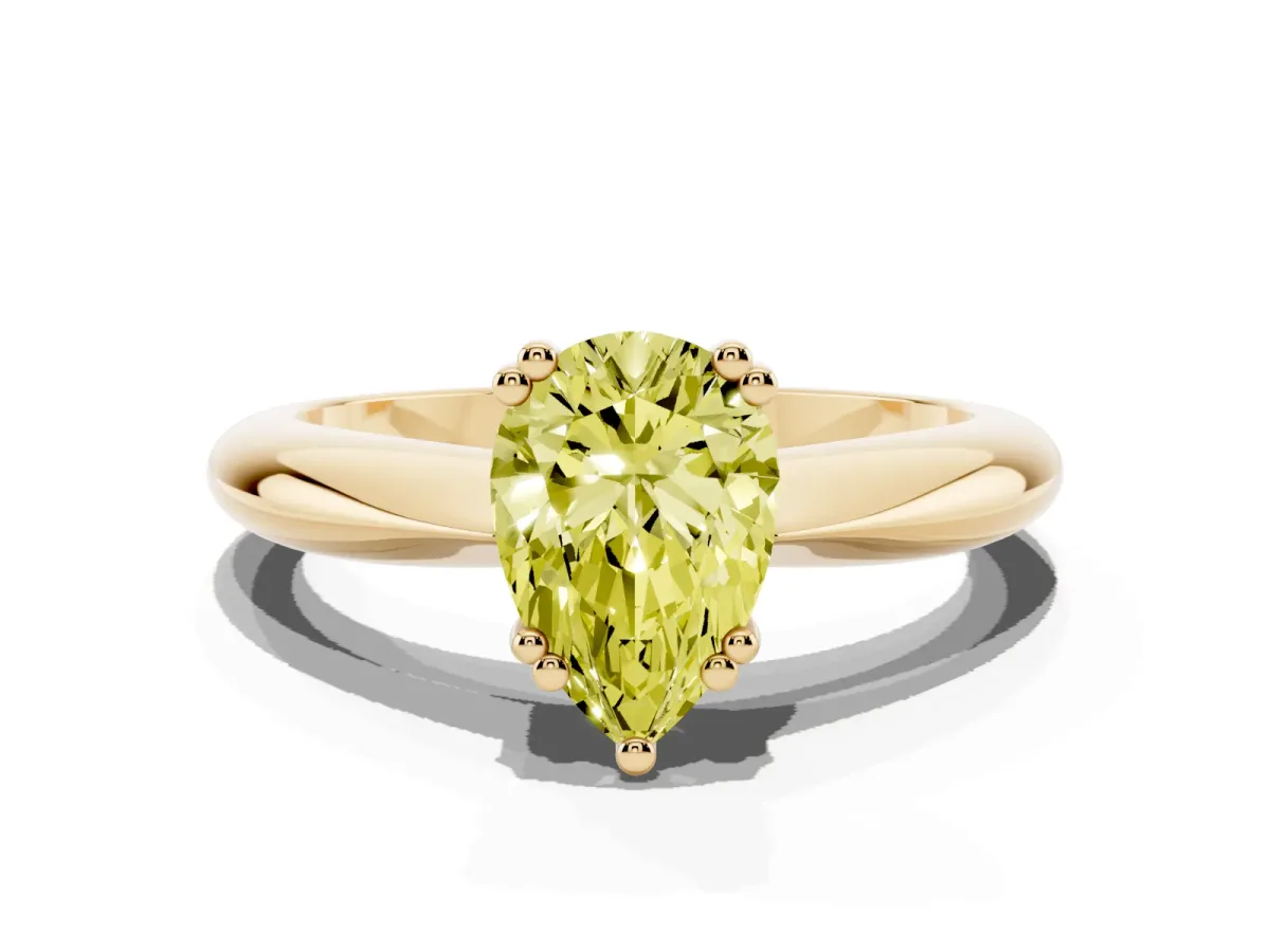Fancy Yellow Pear Cut Cut Solitaire Engagement Ring with Tapered Band and Four-Prong Setting Yellow gold