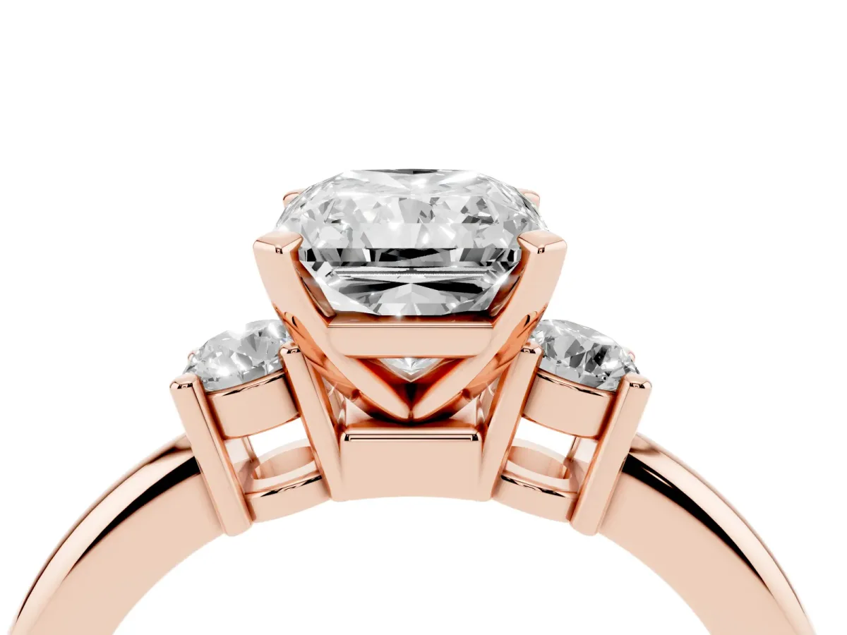 Three-Stone Radiant Cut Cut Diamond Solitaire with Prong Setting and Classic Band Rose gold