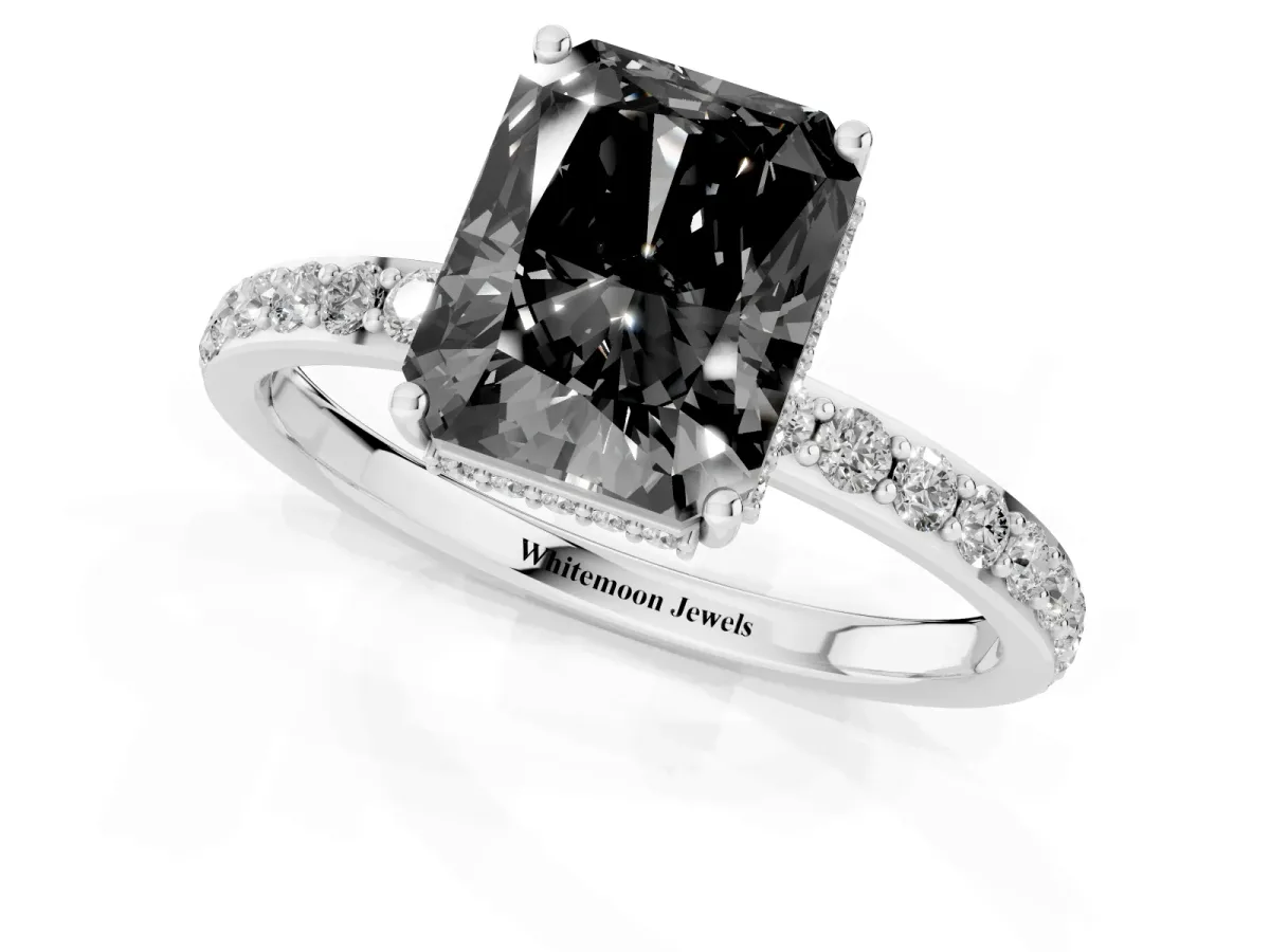 Fancy Black Radiant Cut Diamond Solitaire Ring with Pavé Band and Hidden Halo White gold