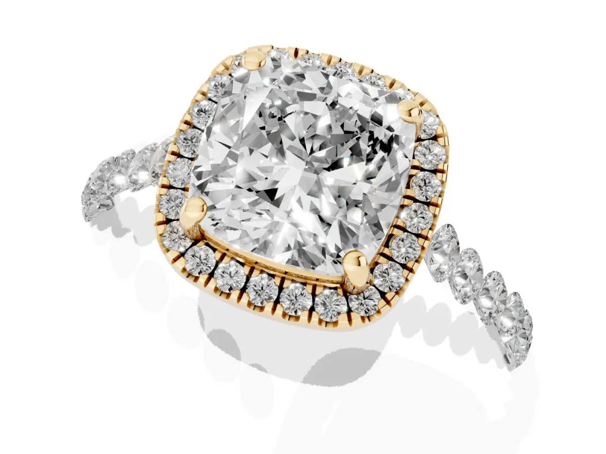 Cushion Cut Halo Pavé Diamond Engagement Ring with Four-Prong Setting Yellow gold