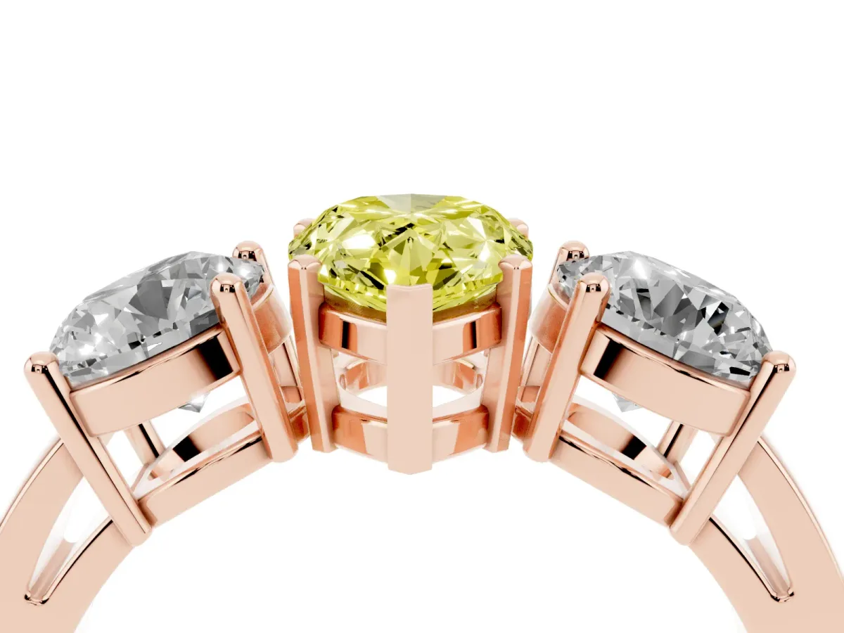 Fancy Yellow Three-Stone Pear Cut Diamond Ring with Round Side Stones, Classic Band, and Four-Prong Setting Rose gold